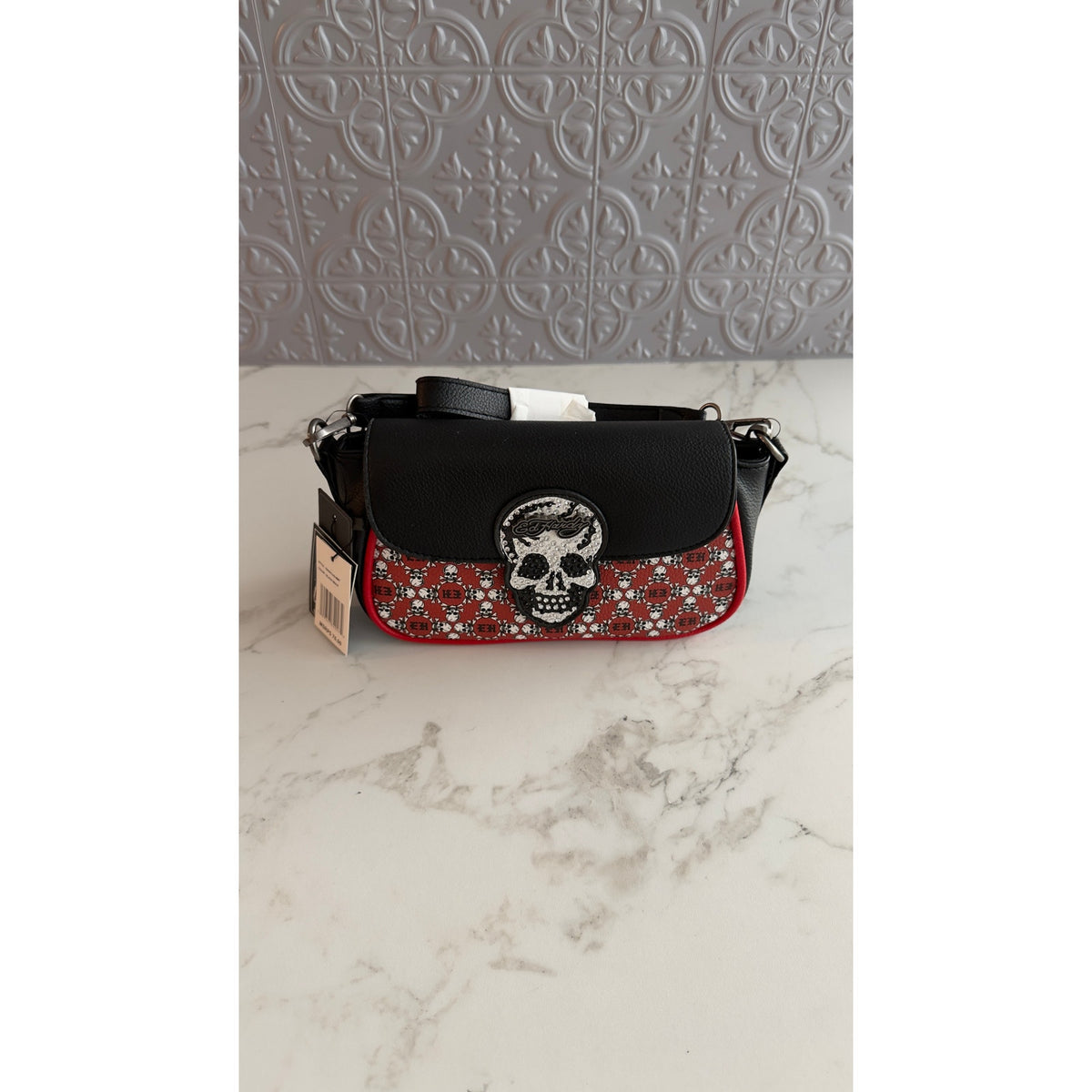 Ed Hardy Rhinestone Skull Flap Crossbody Bag Red & Black Print NWT