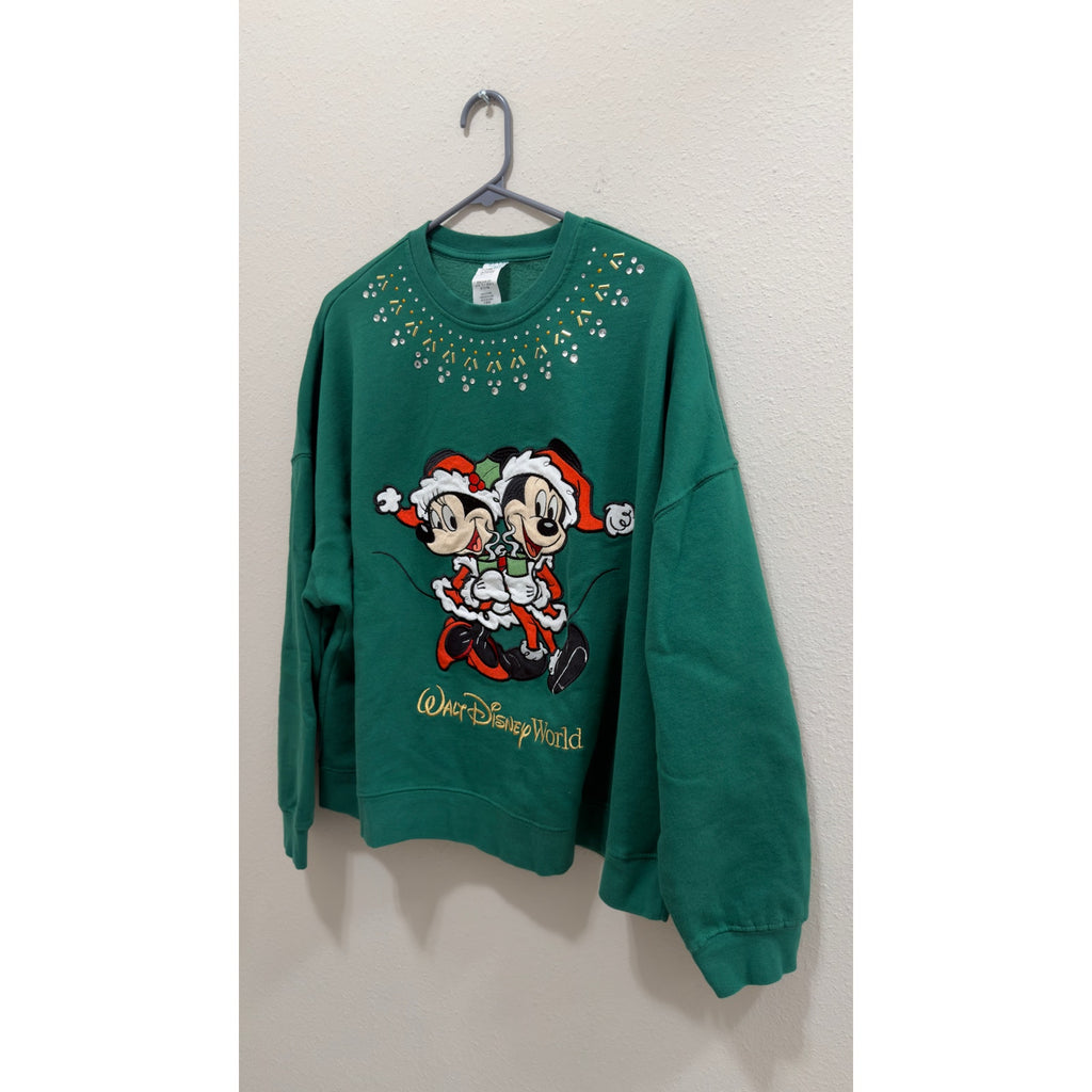 Walt Disney World Christmas Santa Mickey Minnie Rhinestone Sweatshirt Large NWT