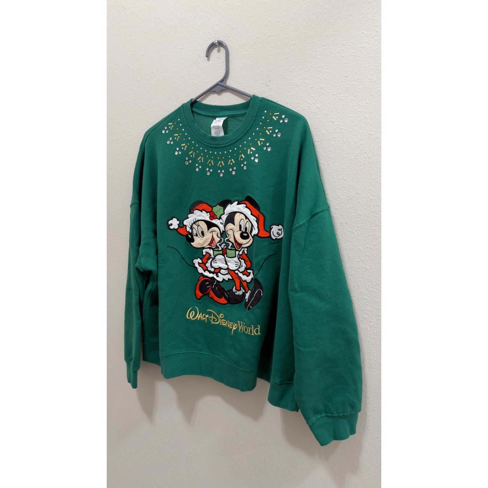 Walt Disney World Christmas Santa Mickey Minnie Rhinestone Sweatshirt Large NWT