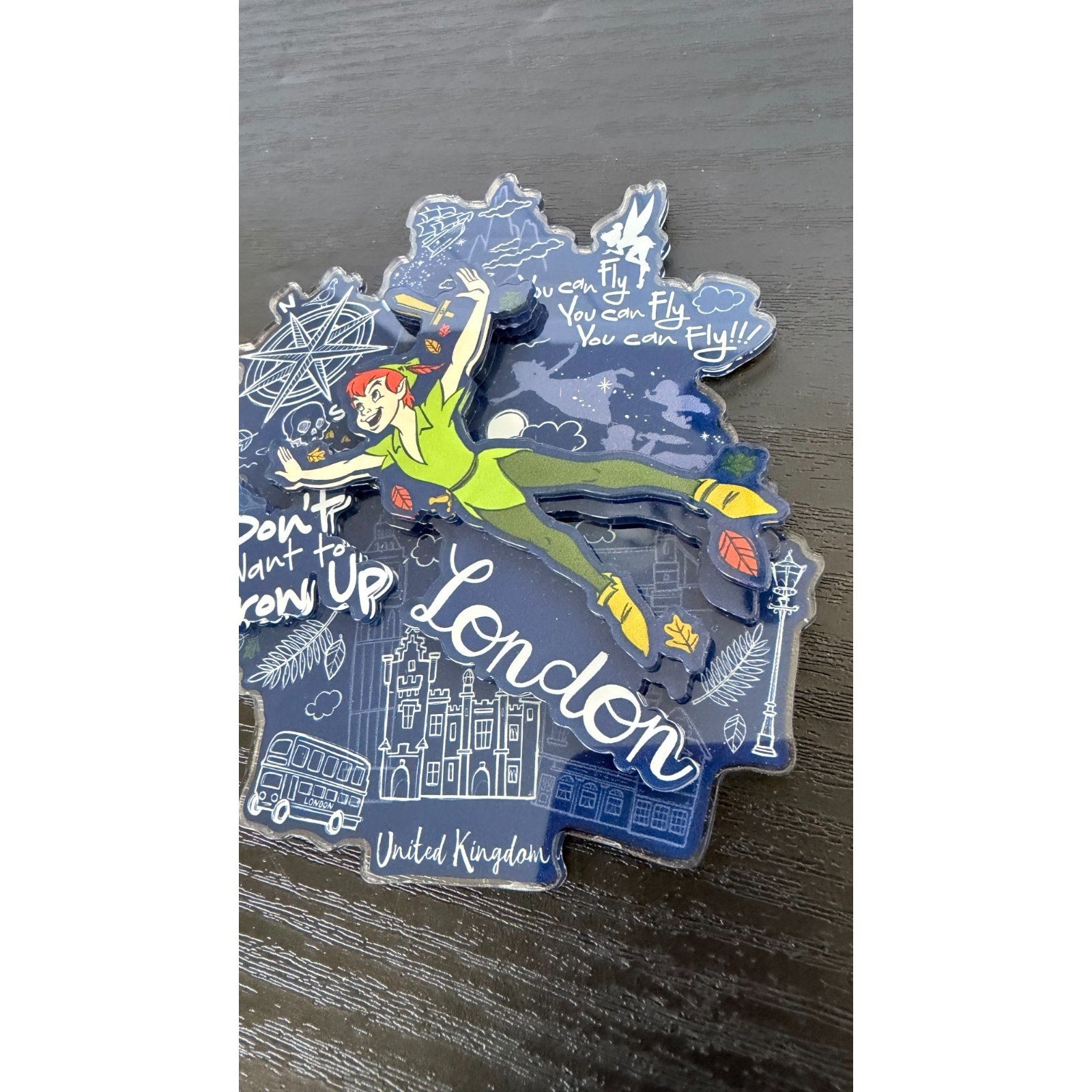 NWT Disney Parks Peter Pan Never Grow Up Acrylic Magnet - Epcot UK Pavilion