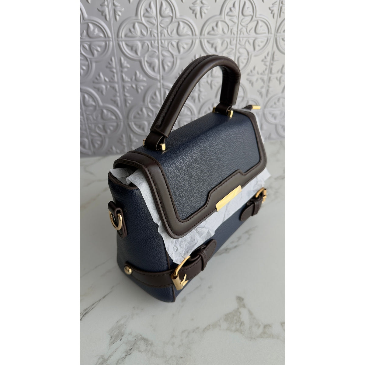Navy Blue & Brown PU Leather Satchel Crossbody Handbag Top Handle Purse NEW