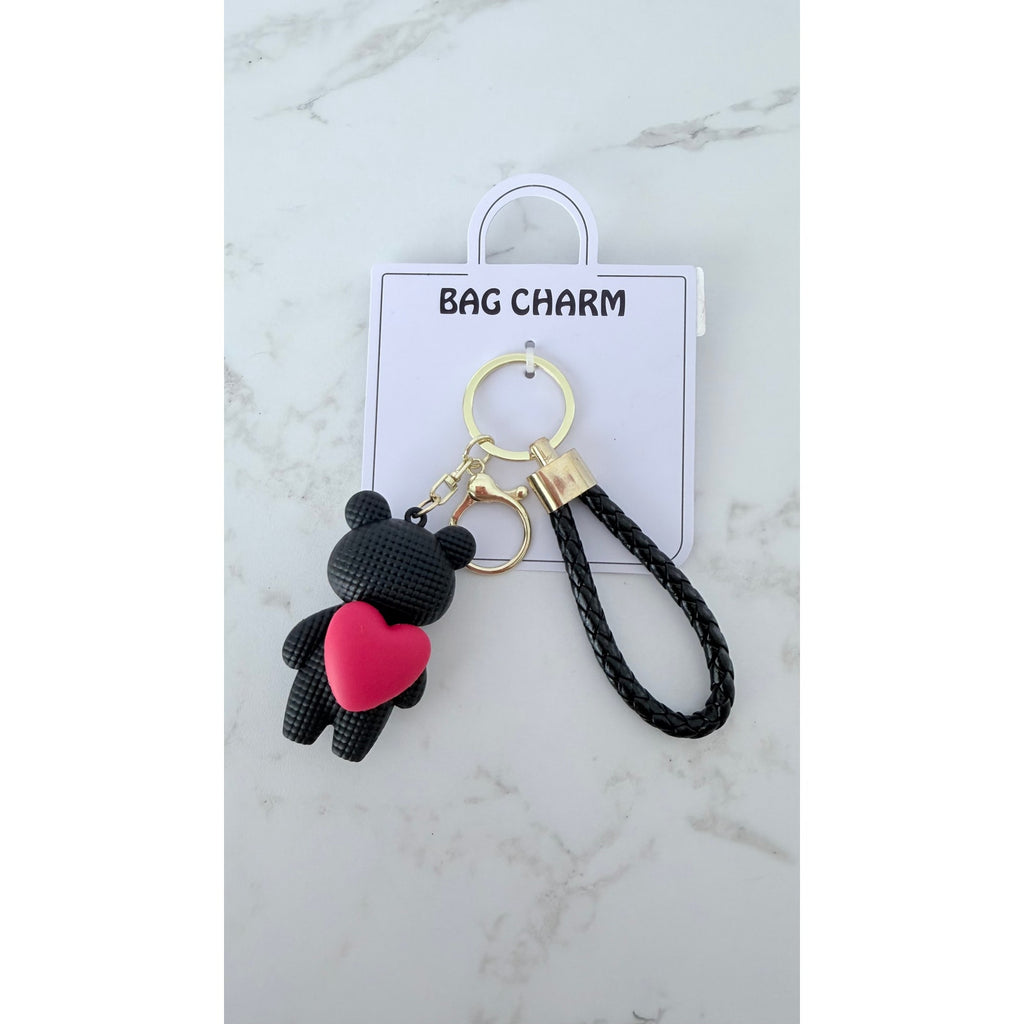 Creative Heart Bear Bag Charm Keychain – Black Braided Strap – New