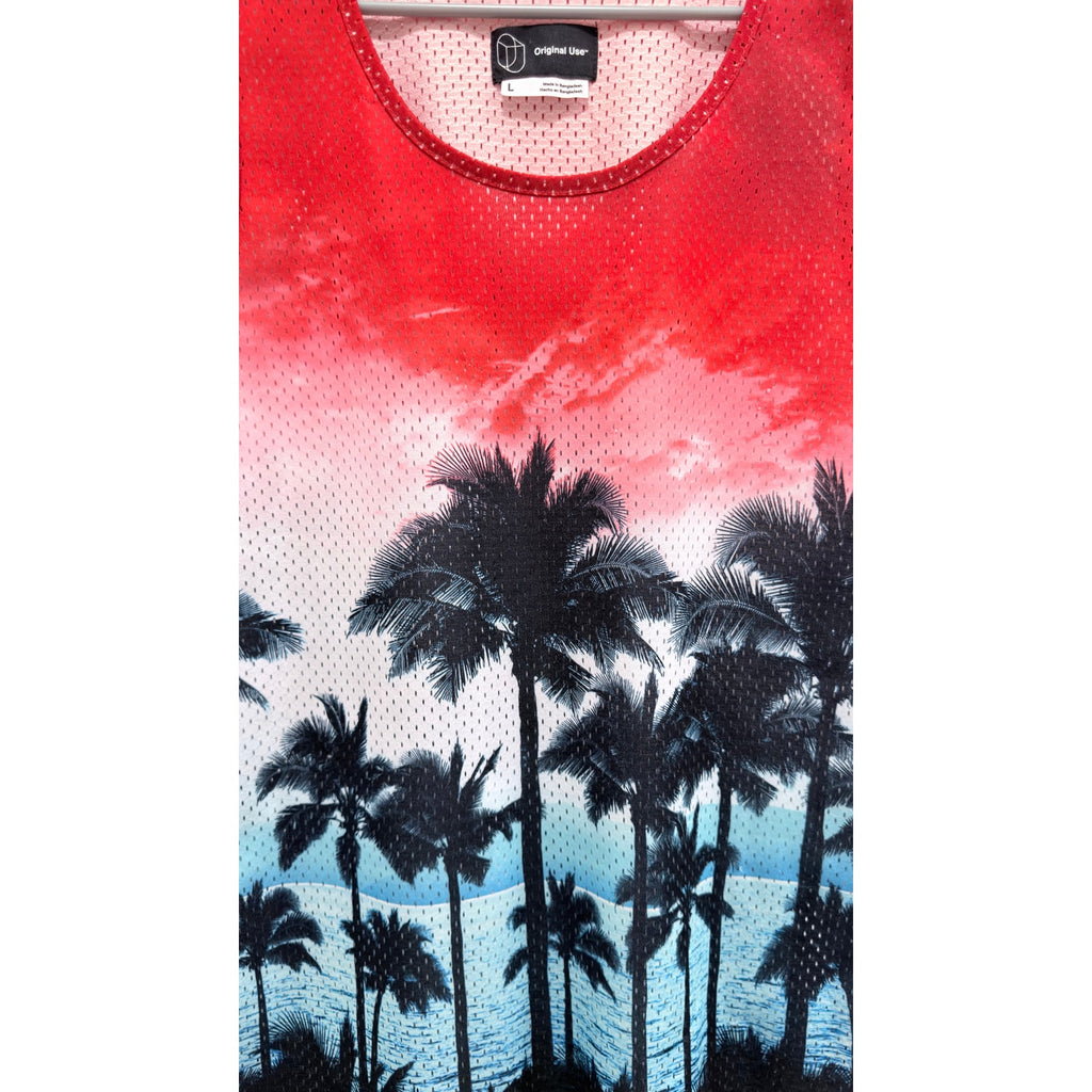 Target Original Use Men's Mesh Tank Top Large Red Sunset Palm Trees Jersey NWT
