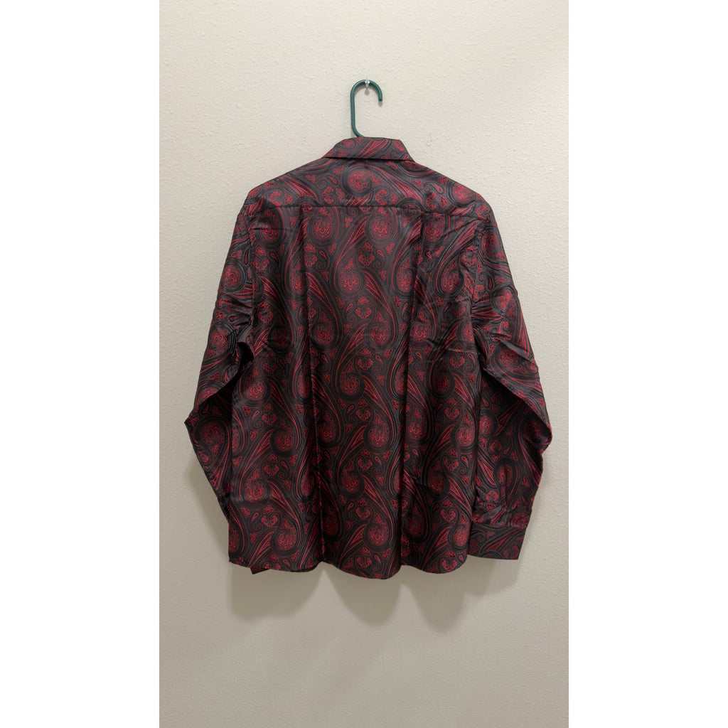 Barry.Wang Men's Luxury Paisley Silk Button Down Shirt Burgundy Black L NWT