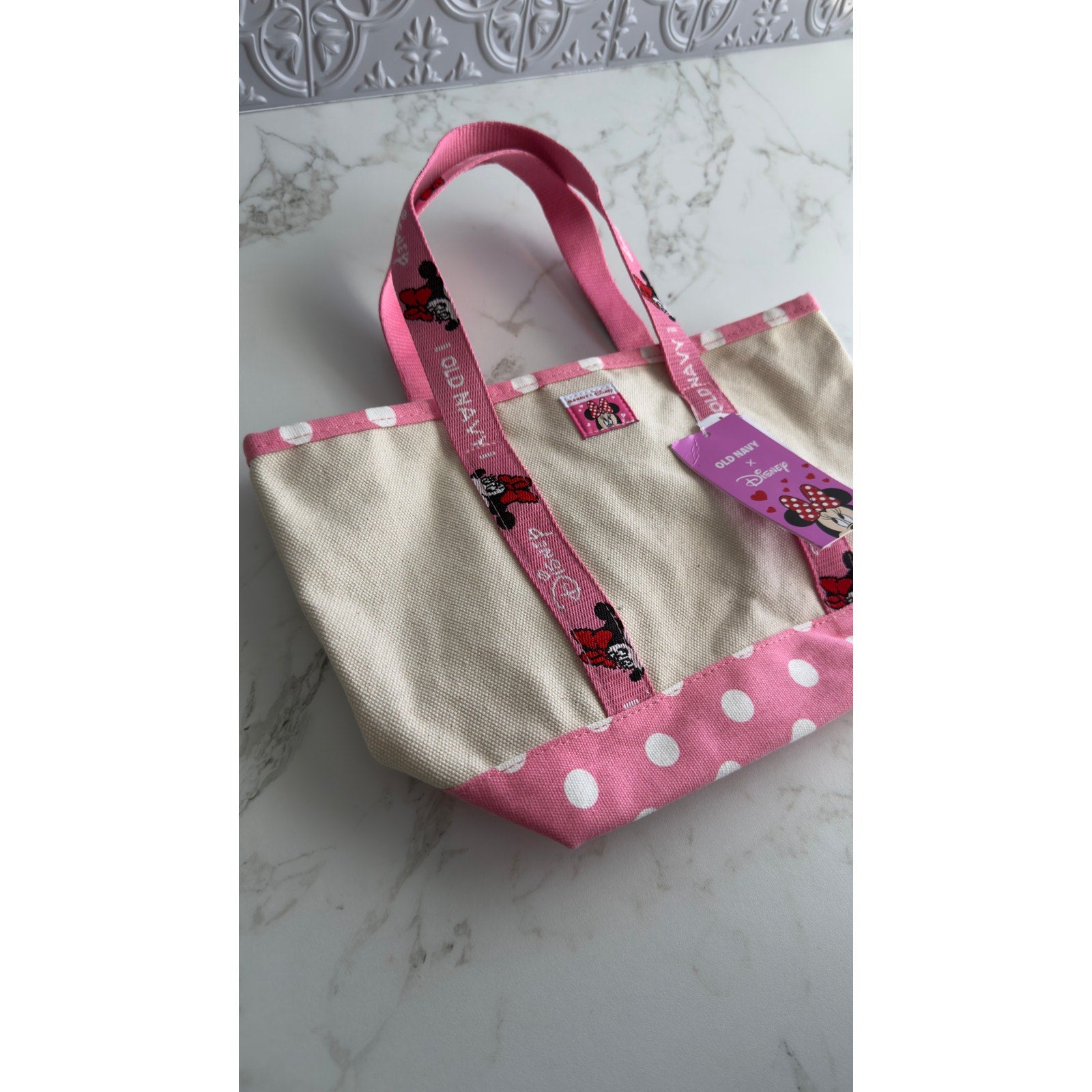 Old Navy x Disney Minnie Mouse Canvas Small Tote Bag Pink Polka Dot NWT