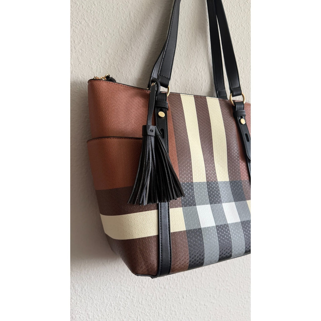 NEW 2 IN-1 Monogram Plaid Zip Tote Bag + Zip Wallet