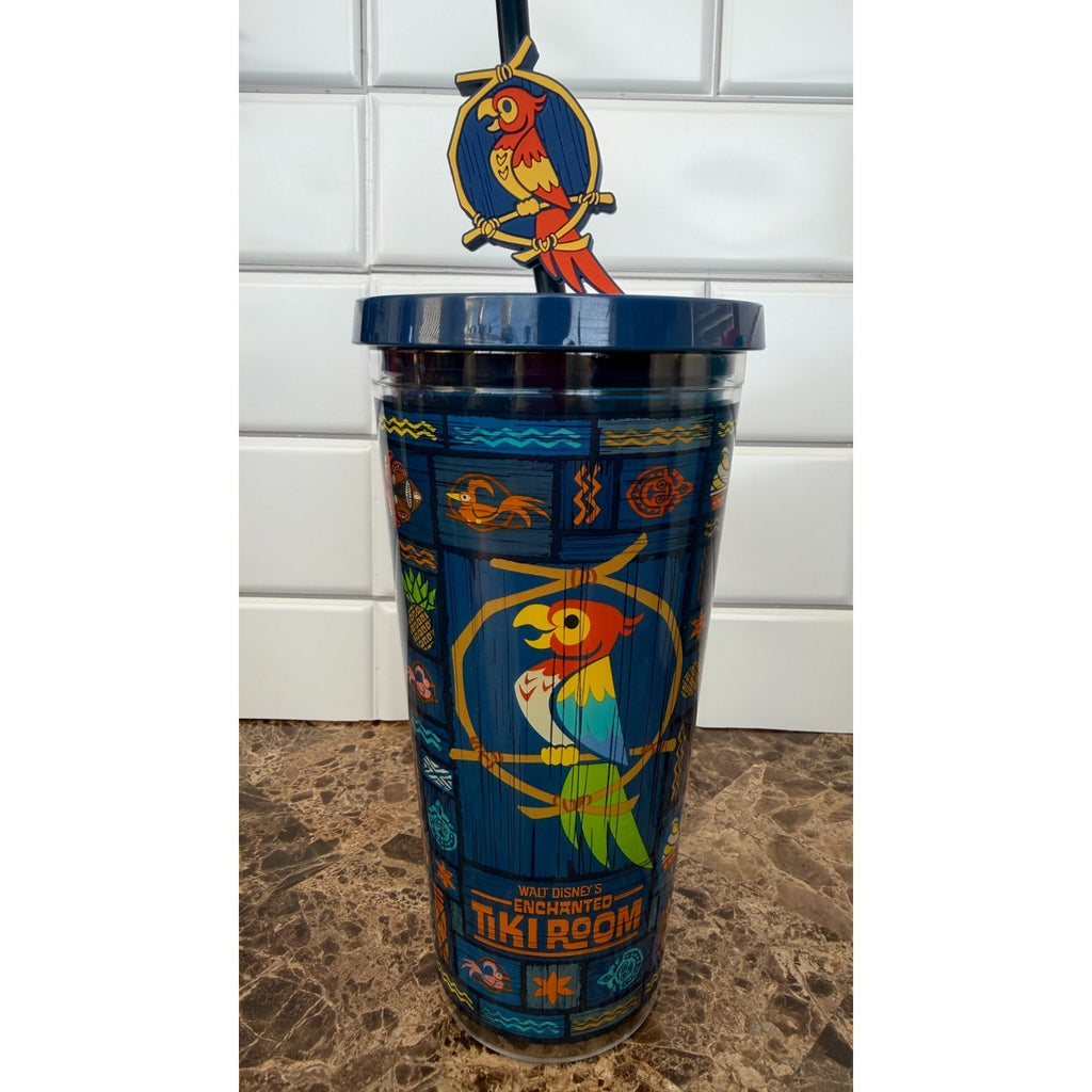 NEW Disney Parks Enchanted Tiki Room Plastic Tumbler with Straw Charm - 20oz