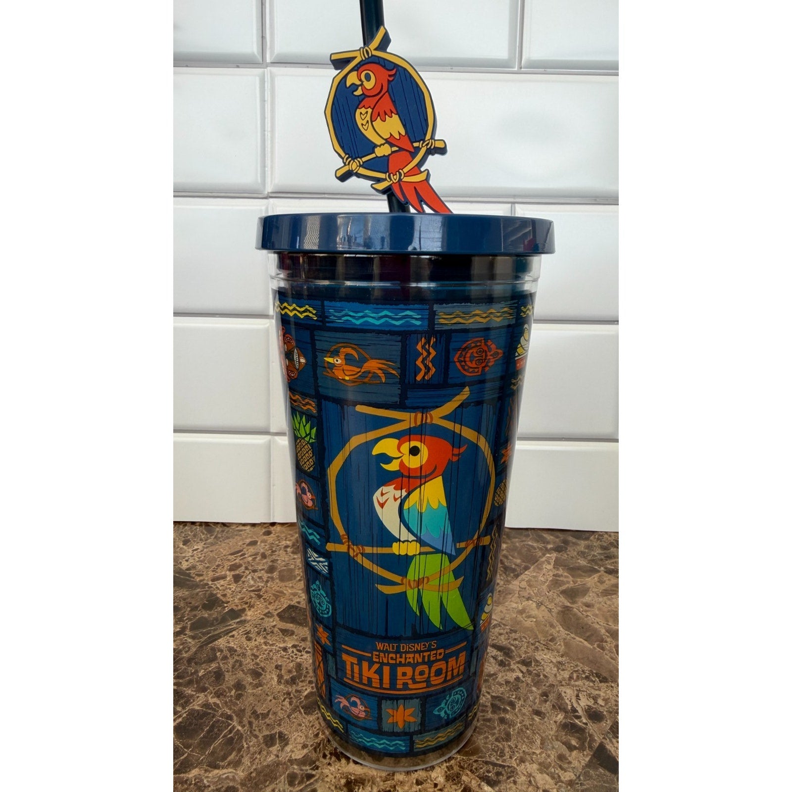 NEW Disney Parks Enchanted Tiki Room Plastic Tumbler with Straw Charm - 20oz