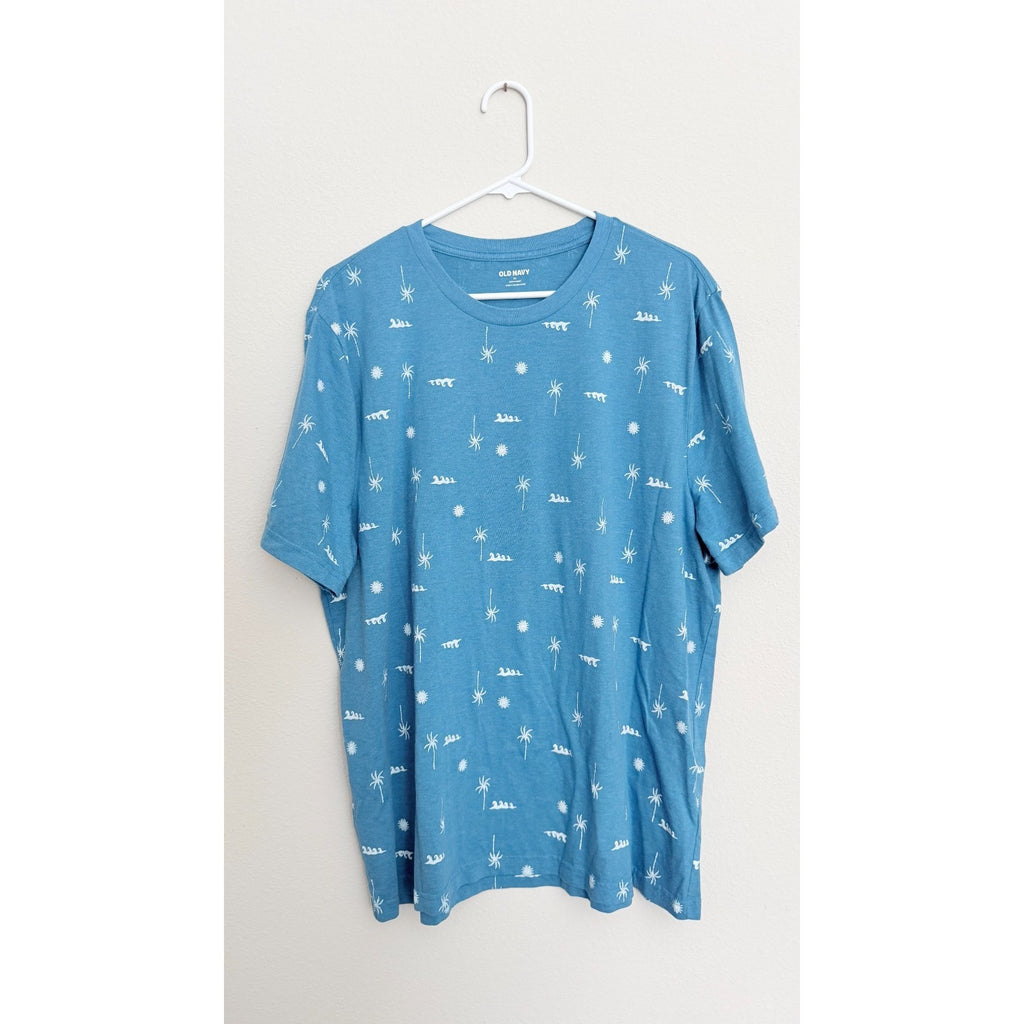 Old Navy Men's XL T-Shirt | Blue Beach Wave & Palm Tree Print