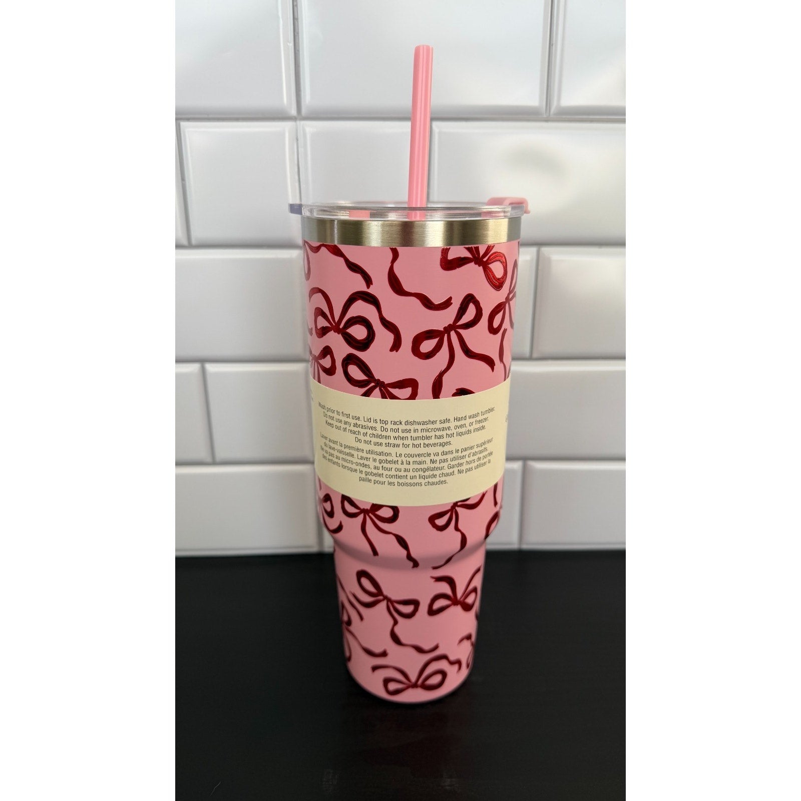 Ashland 40oz Stainless Steel Insulated Tumbler - Pink Christmas Bows Print NEW