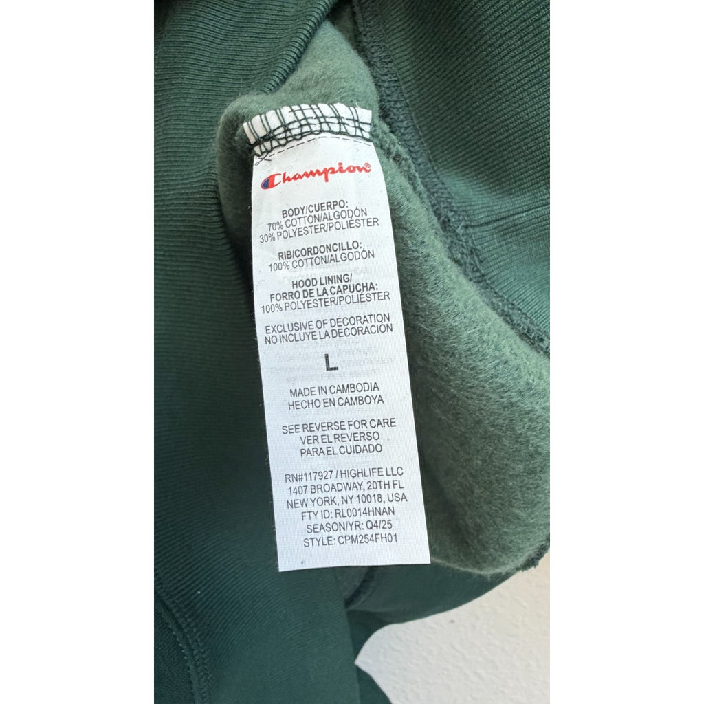 NEW Champion Men’s Plaid C Logo Hoodie - Green Festive Fleece Large
