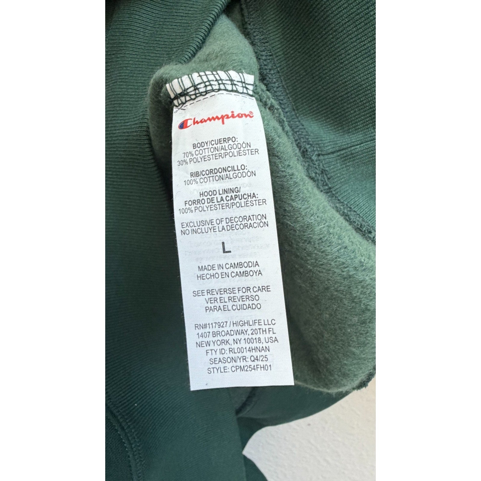 NEW Champion Men’s Plaid C Logo Hoodie - Green Festive Fleece Large