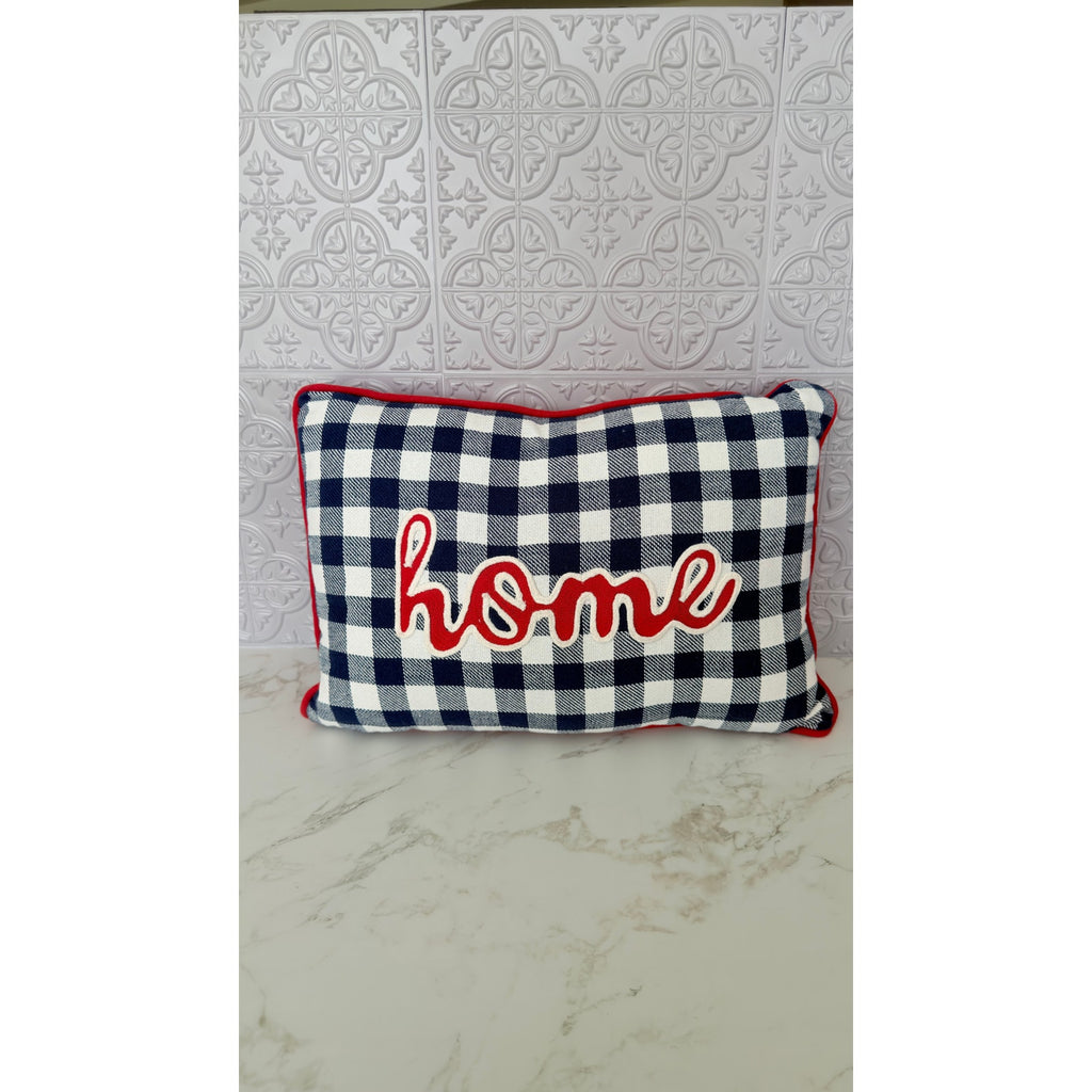 Farmhouse Blue Buffalo Check "Home" Embroidered Decorative Pillow NEW
