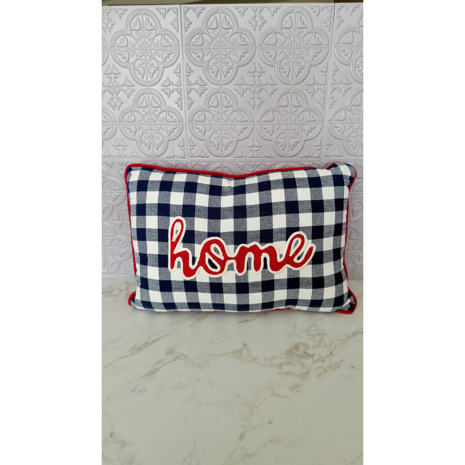 Farmhouse Blue Buffalo Check "Home" Embroidered Decorative Pillow NEW