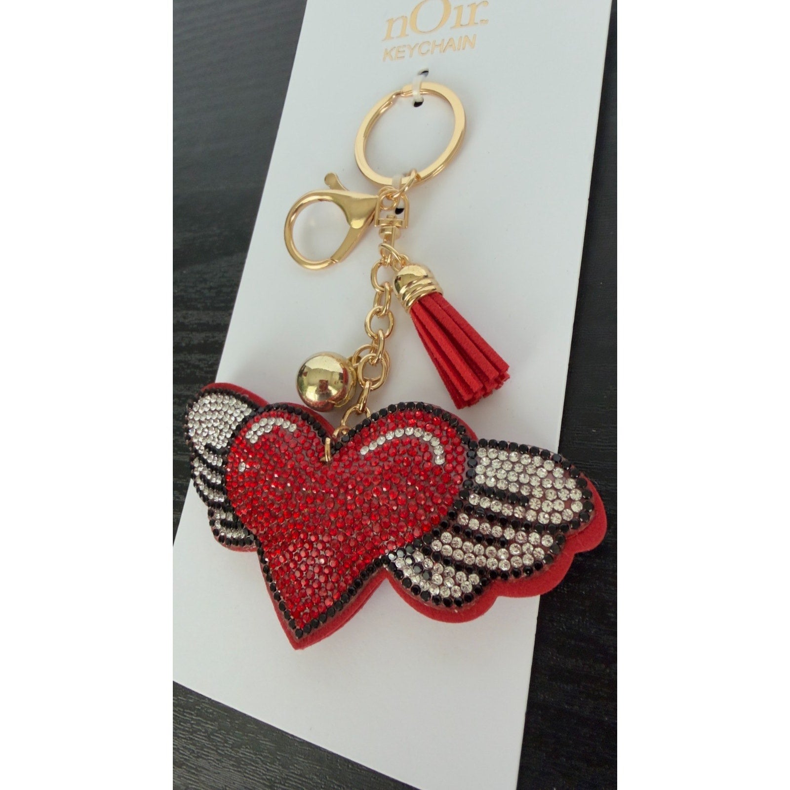 Bling Rhinestone Red Winged Heart Puffy Keychain - Tassel Bag Charm NEW