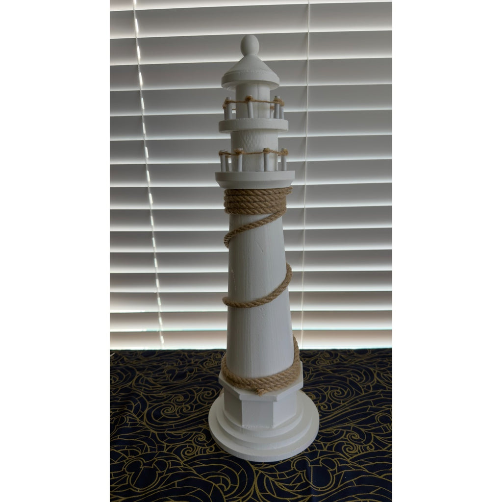 Large 20" White Wooden Lighthouse - Coastal Nautical Home Decor