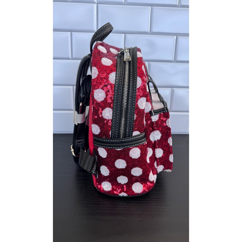 Disney Parks Loungefly Minnie Mouse Polka Dot Red Sequin Mini Backpack 2024 NWT