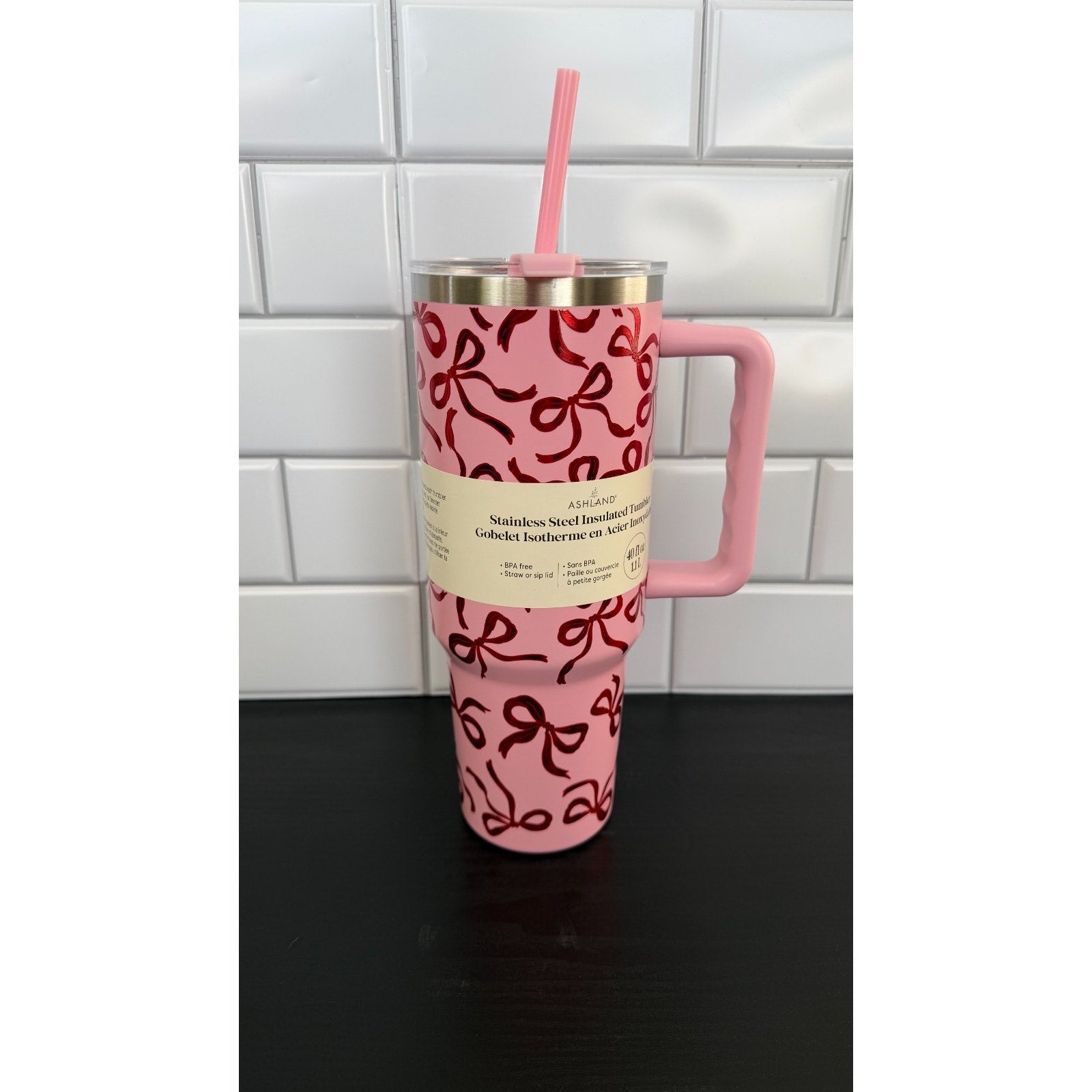 Ashland 40oz Stainless Steel Insulated Tumbler - Pink Christmas Bows Print NEW