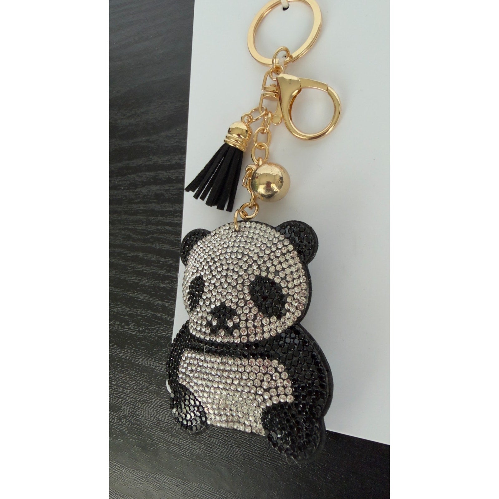 Bling Rhinestone Panda Puffy Keychain - Tassel Bag Charm - NEW