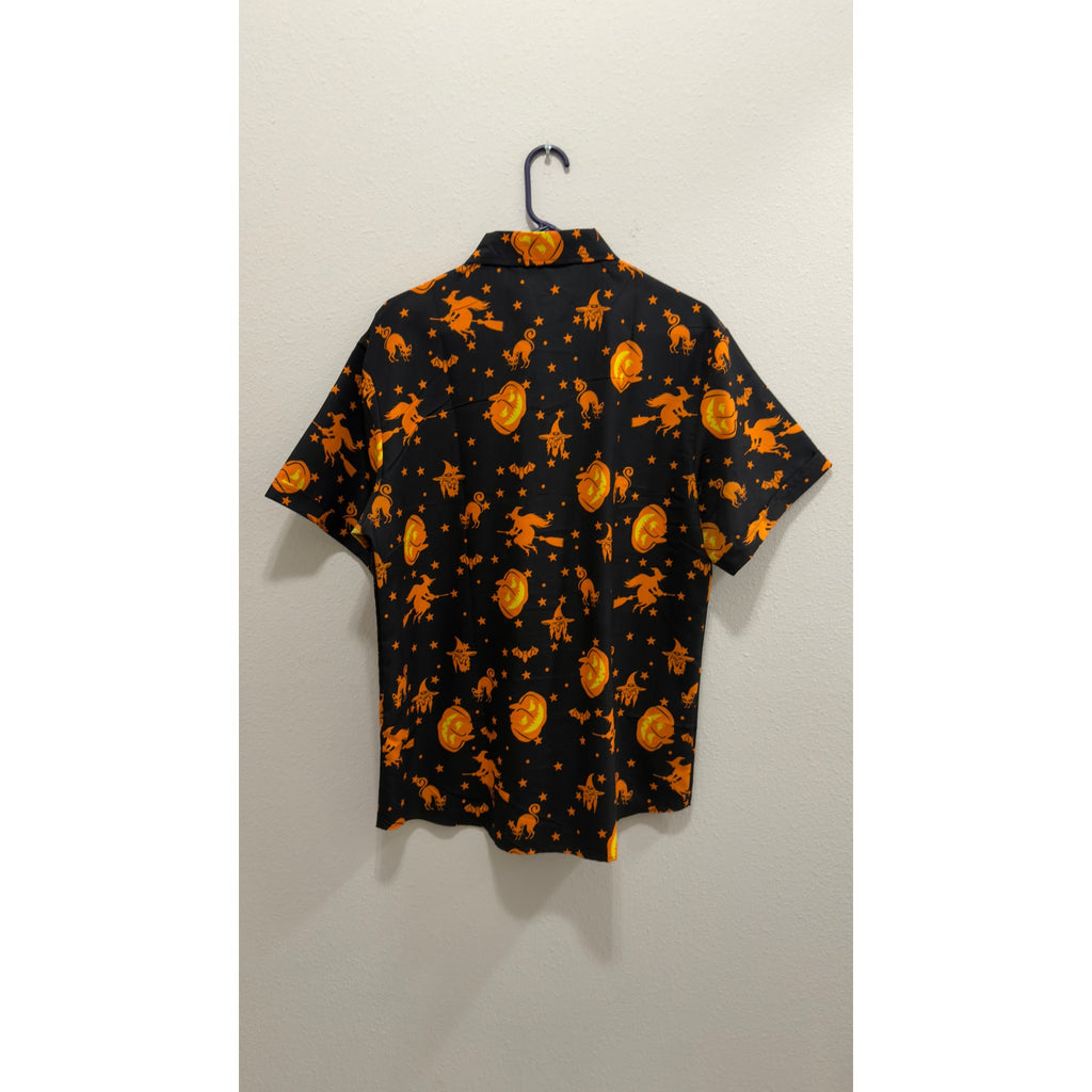 SSLR Men's Halloween Button-Down Shirt Witches Pumpkins Cats Short Sleeve Large