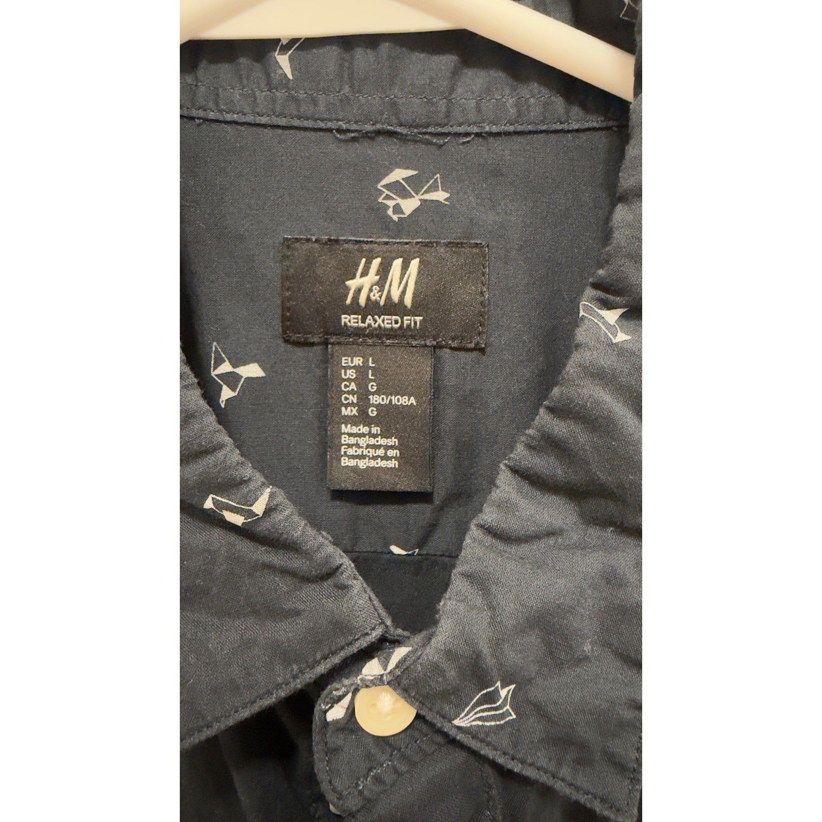 H&M Men's Origami Geometric Print Long Sleeve Button Down Shirt Navy Blue Large