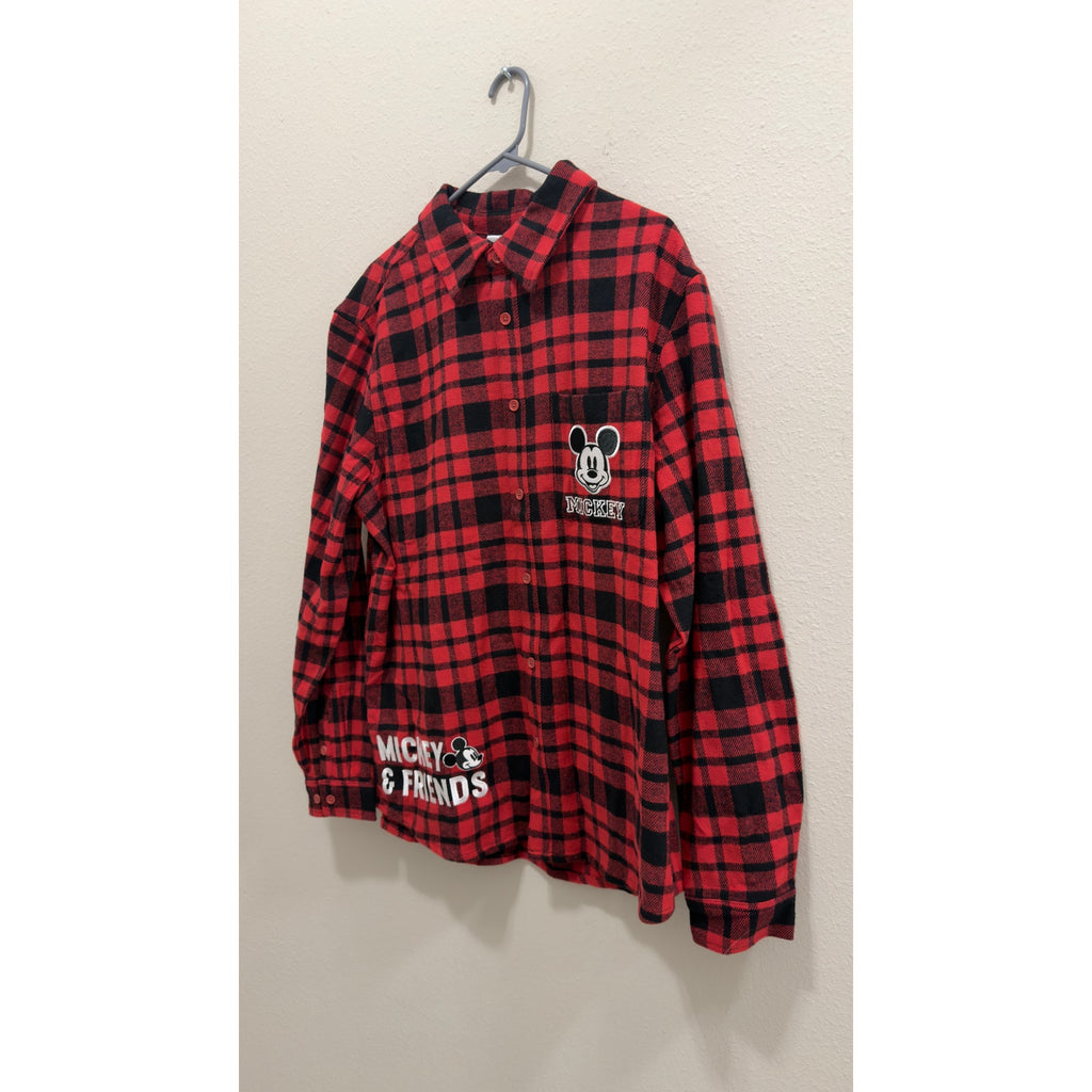 Disney Adult Mickey and Friends Red Plaid Flannel Button Down NWT Large