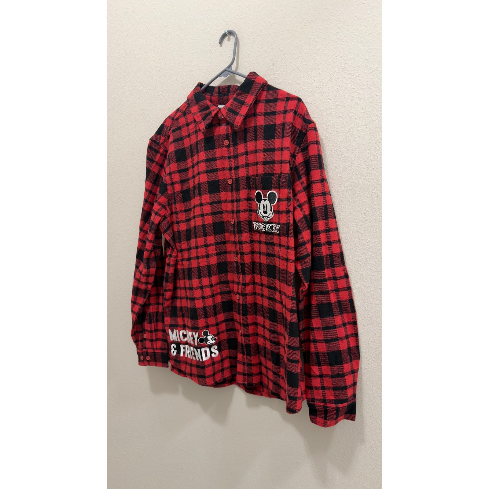 Disney Adult Mickey and Friends Red Plaid Flannel Button Down NWT Large