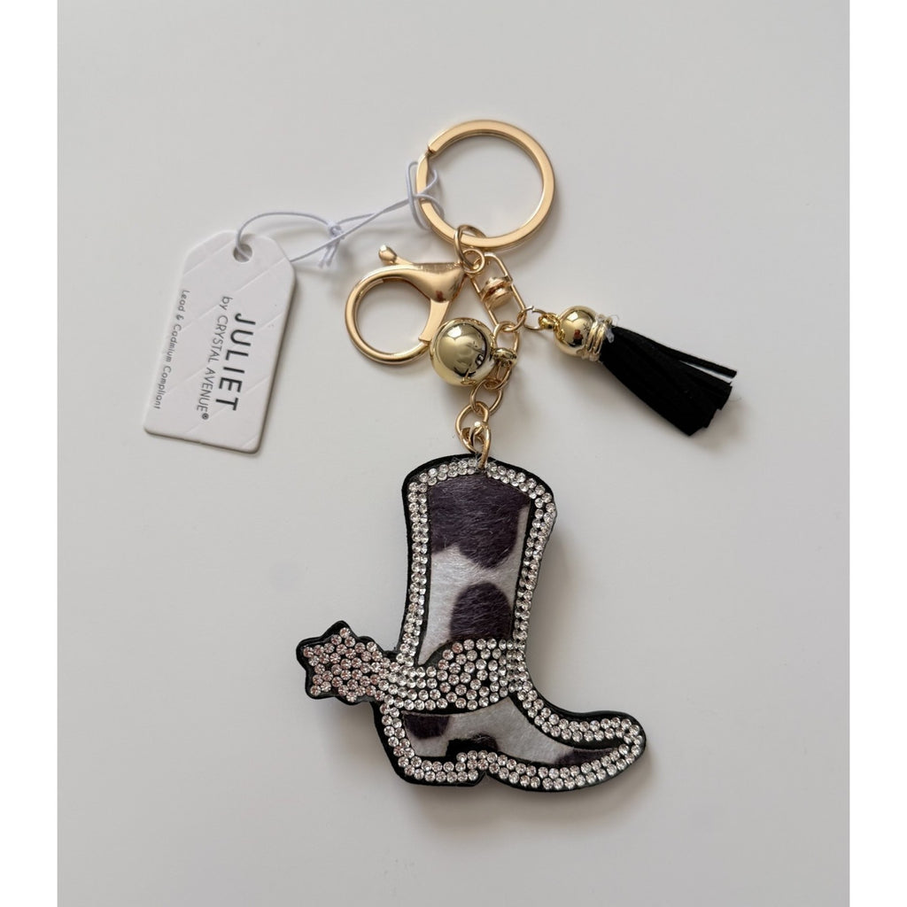 Juliet Crystal Avenue Cowgirl Boot Key Chain/Bag Charm - Cow Print NWT