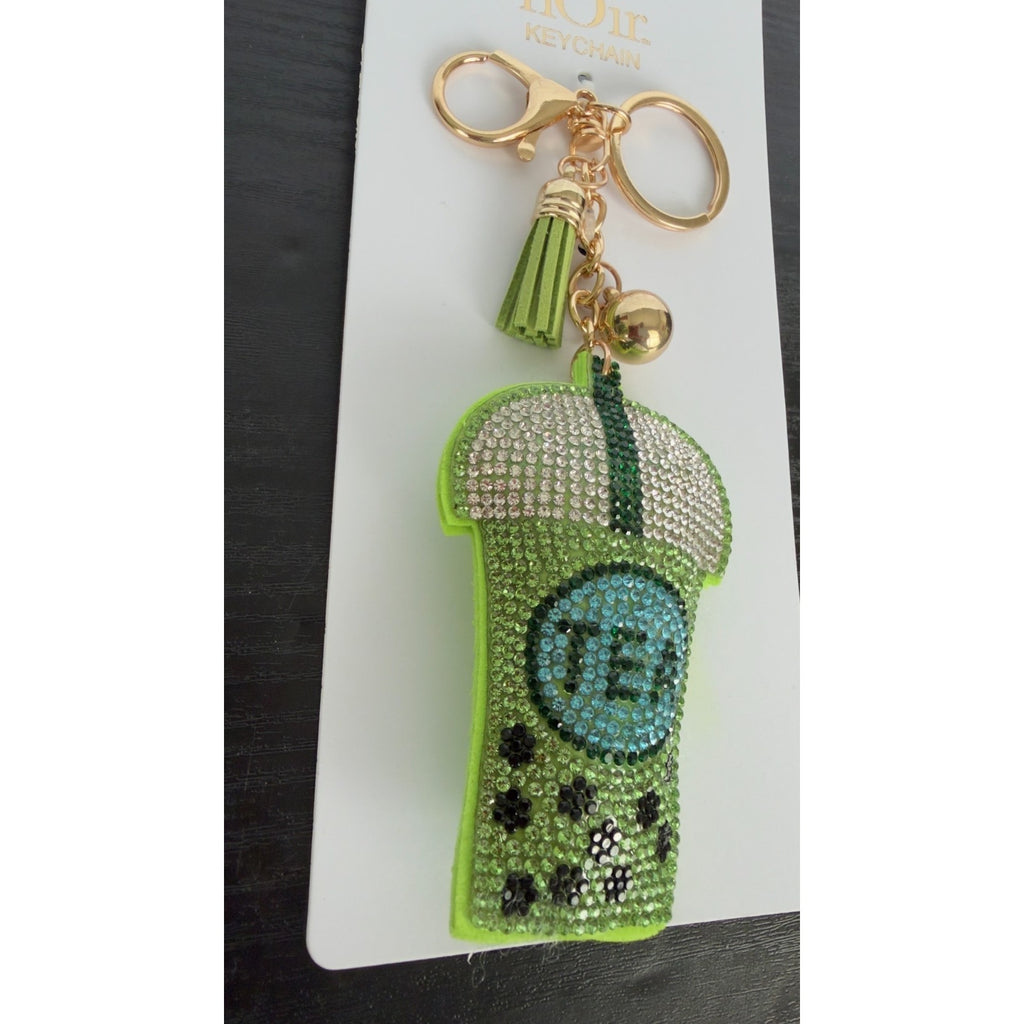 Bling Rhinestone Green Boba Tea Puffy Keychain - Tassel Bag Charm - NEW