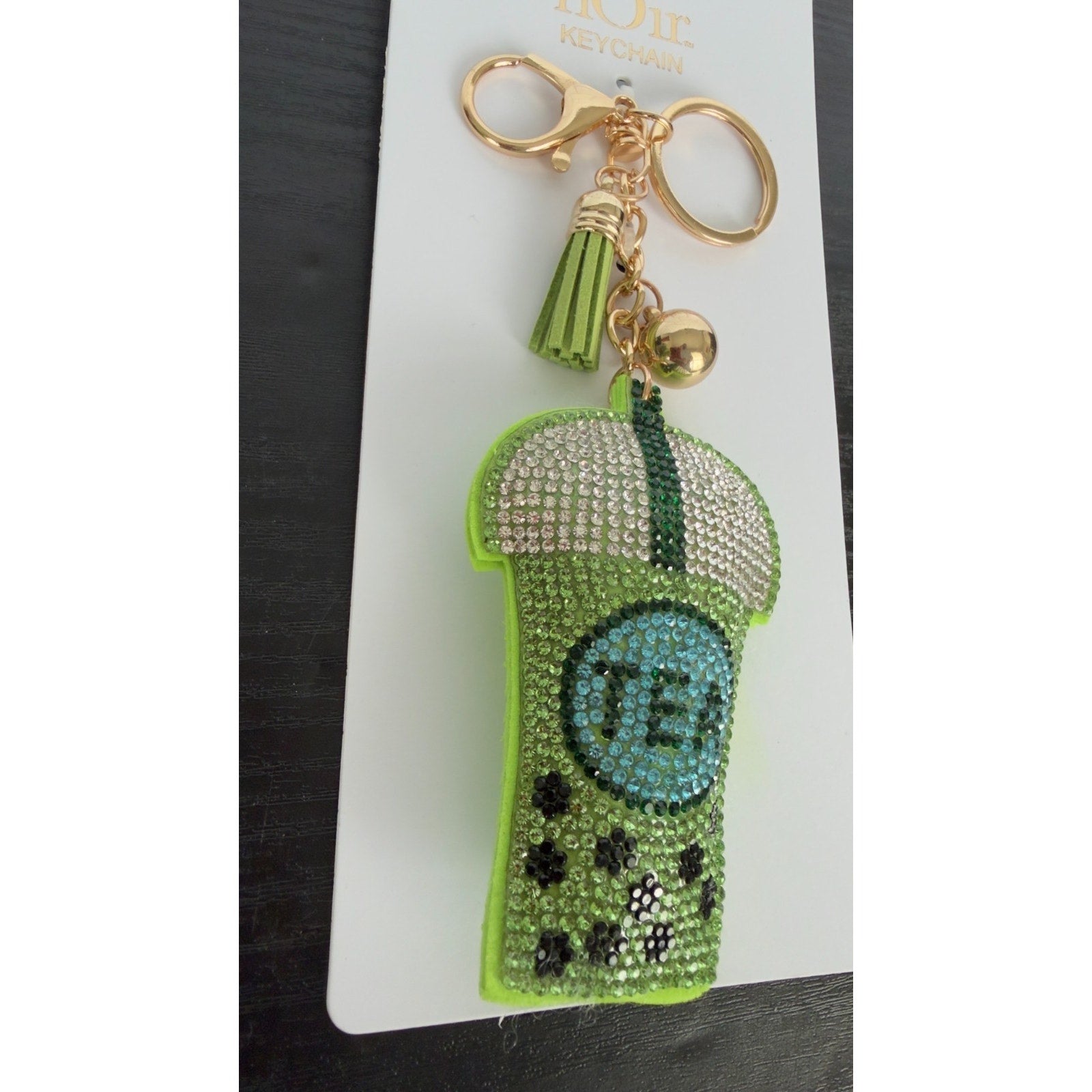 Bling Rhinestone Green Boba Tea Puffy Keychain - Tassel Bag Charm - NEW