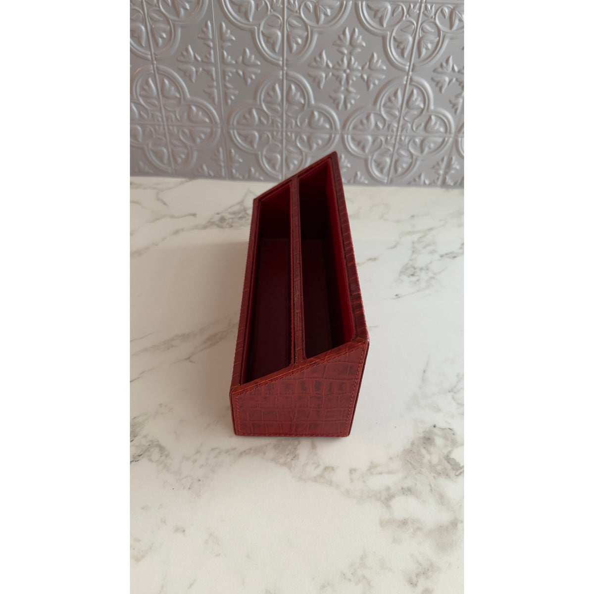 Genuine Leather Red Croc Embossed Desk Organizer Letter Mail Holder Storage