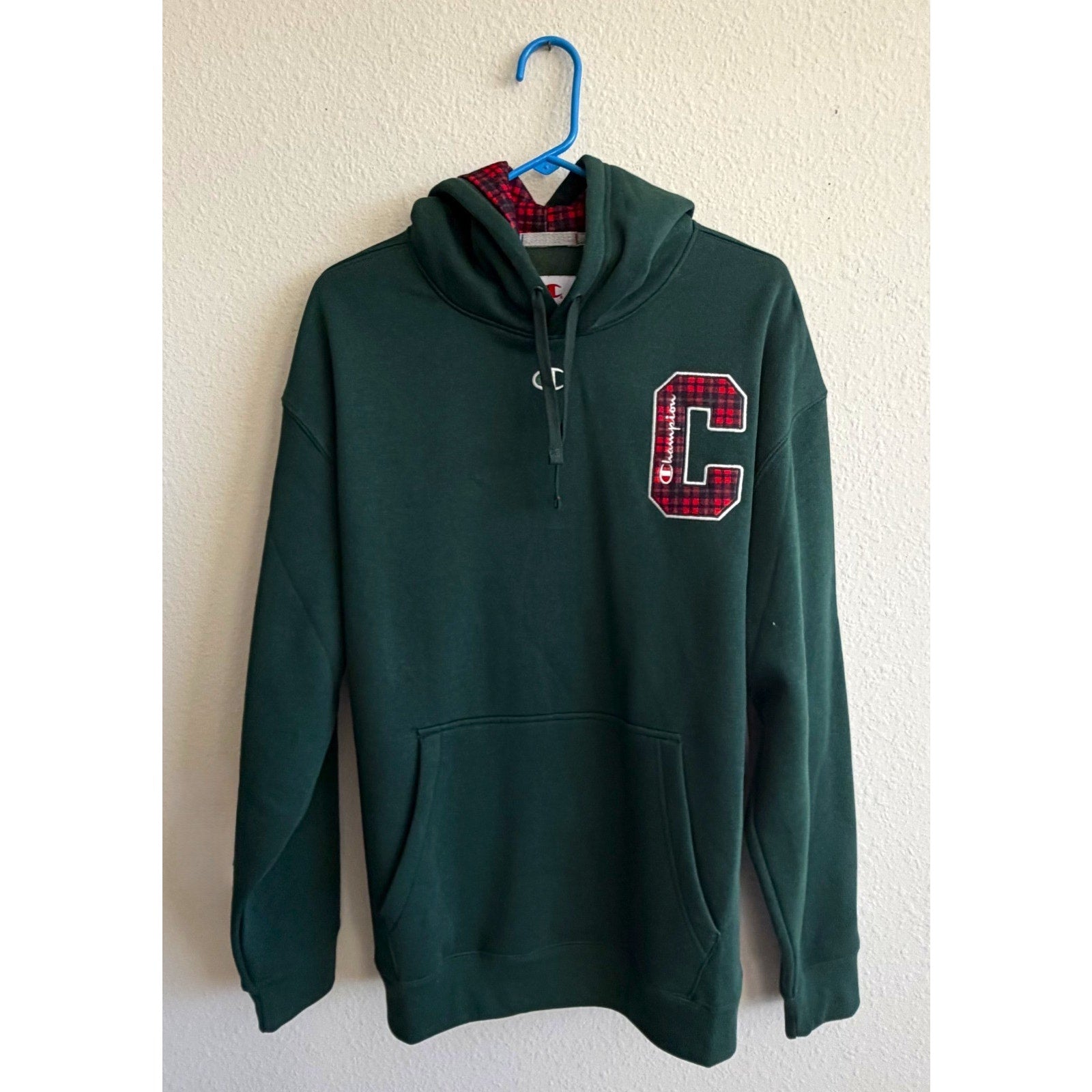 NEW Champion Men’s Plaid C Logo Hoodie - Green Festive Fleece Large
