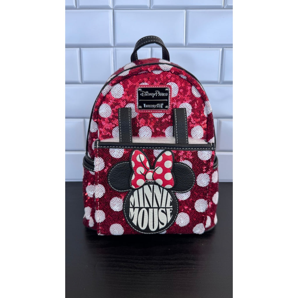 Disney Parks Loungefly Minnie Mouse Polka Dot Red Sequin Mini Backpack 2024 NWT