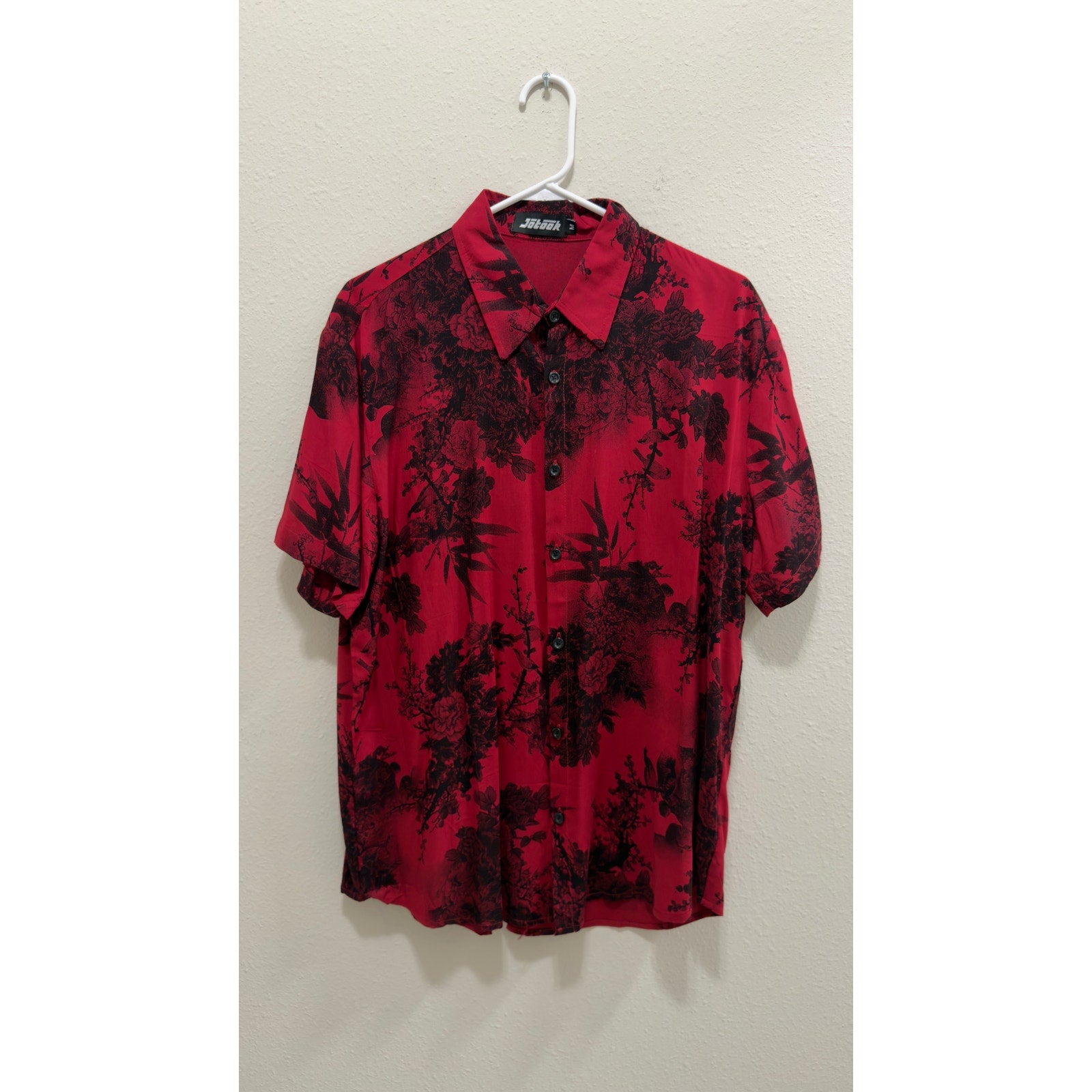 Jotook Men's Red & Black Tropical Floral Short Sleeve Hawaiian Shirt Medium