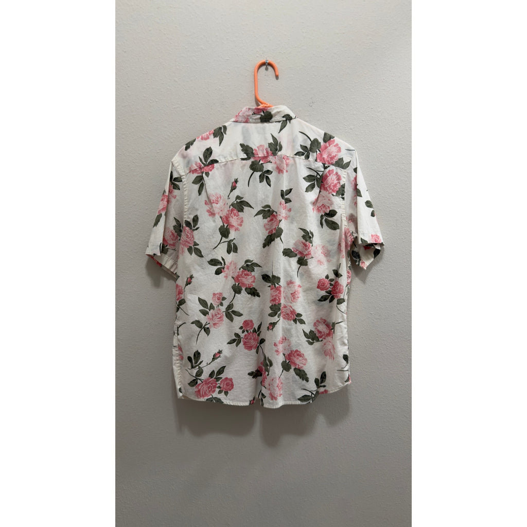 Old Navy Men’s Everyday Shirt Pink Rose Floral Button Down Flex Cream Large