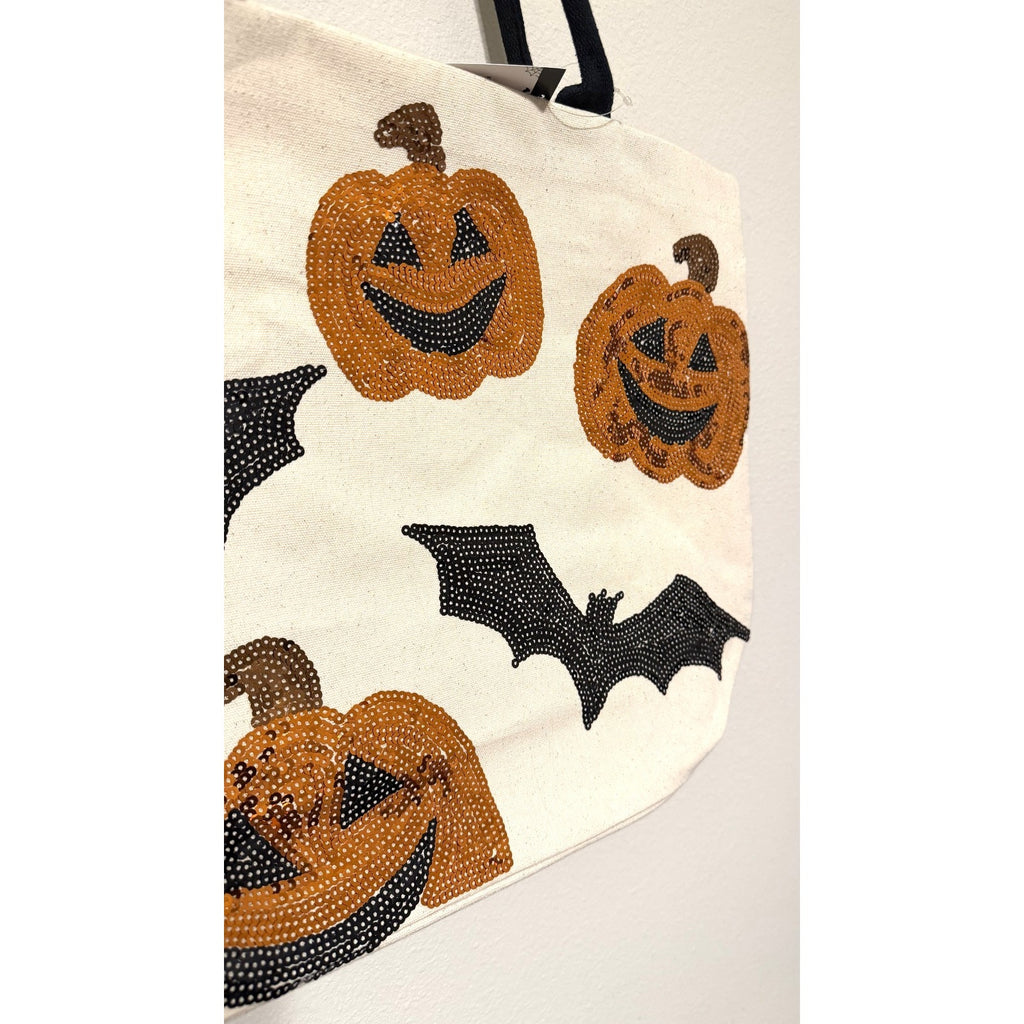 NWT Kirkland's Halloween Sequin Pumpkins & Bats Canvas Tote Bag