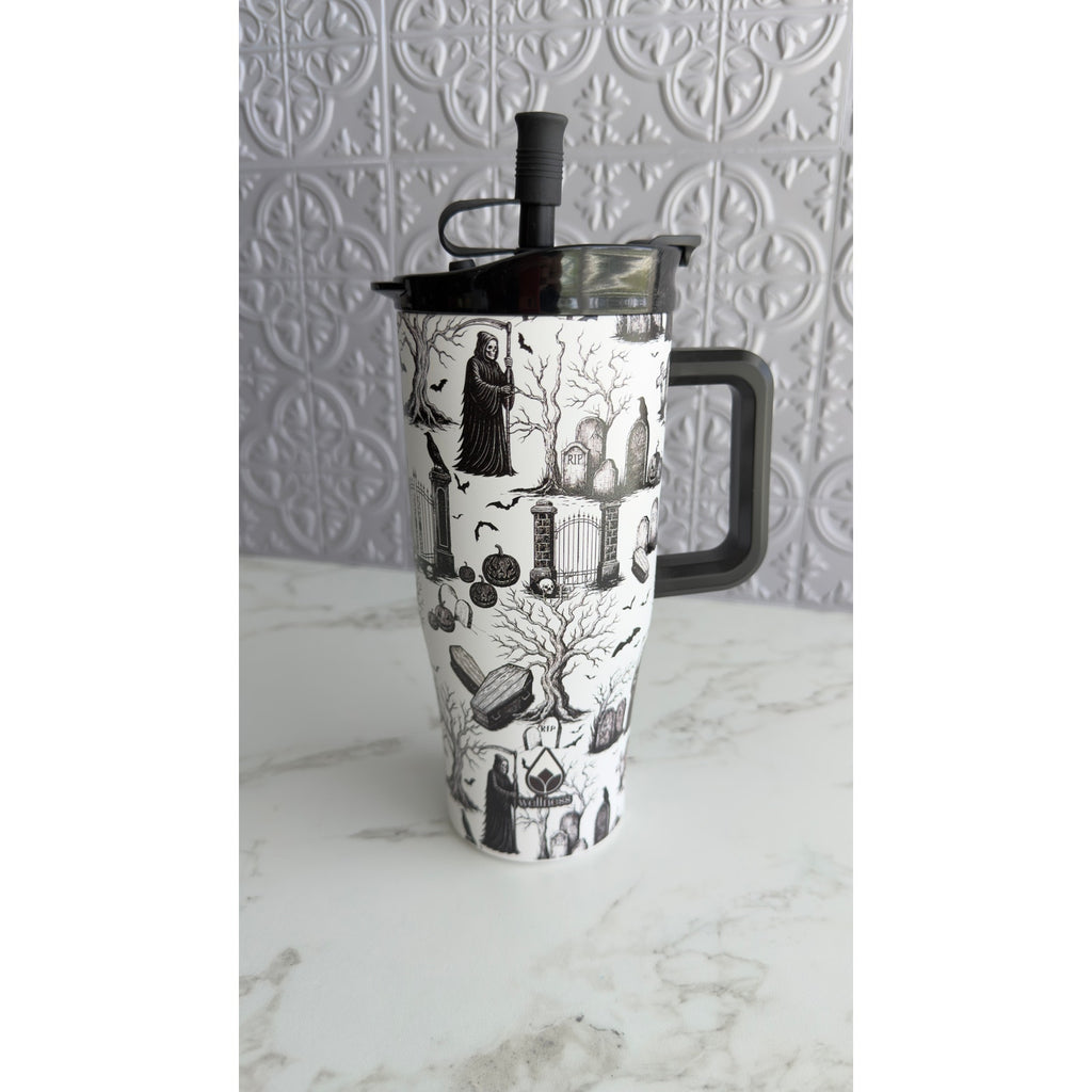 Wellness 30 oz Stainless Steel Tumbler Halloween Graveyard Grim Reaper NWT