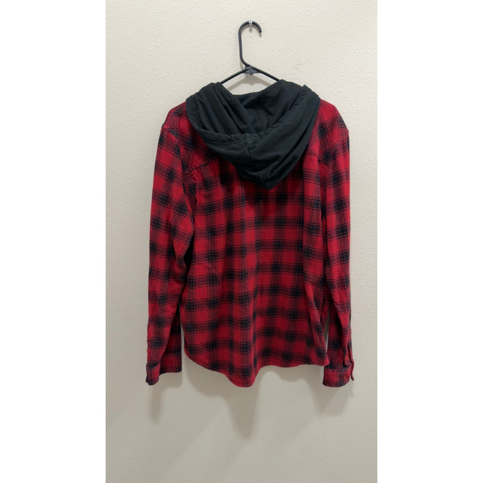 Original Use Mens Red Plaid Hooded Flannel Button Up Large