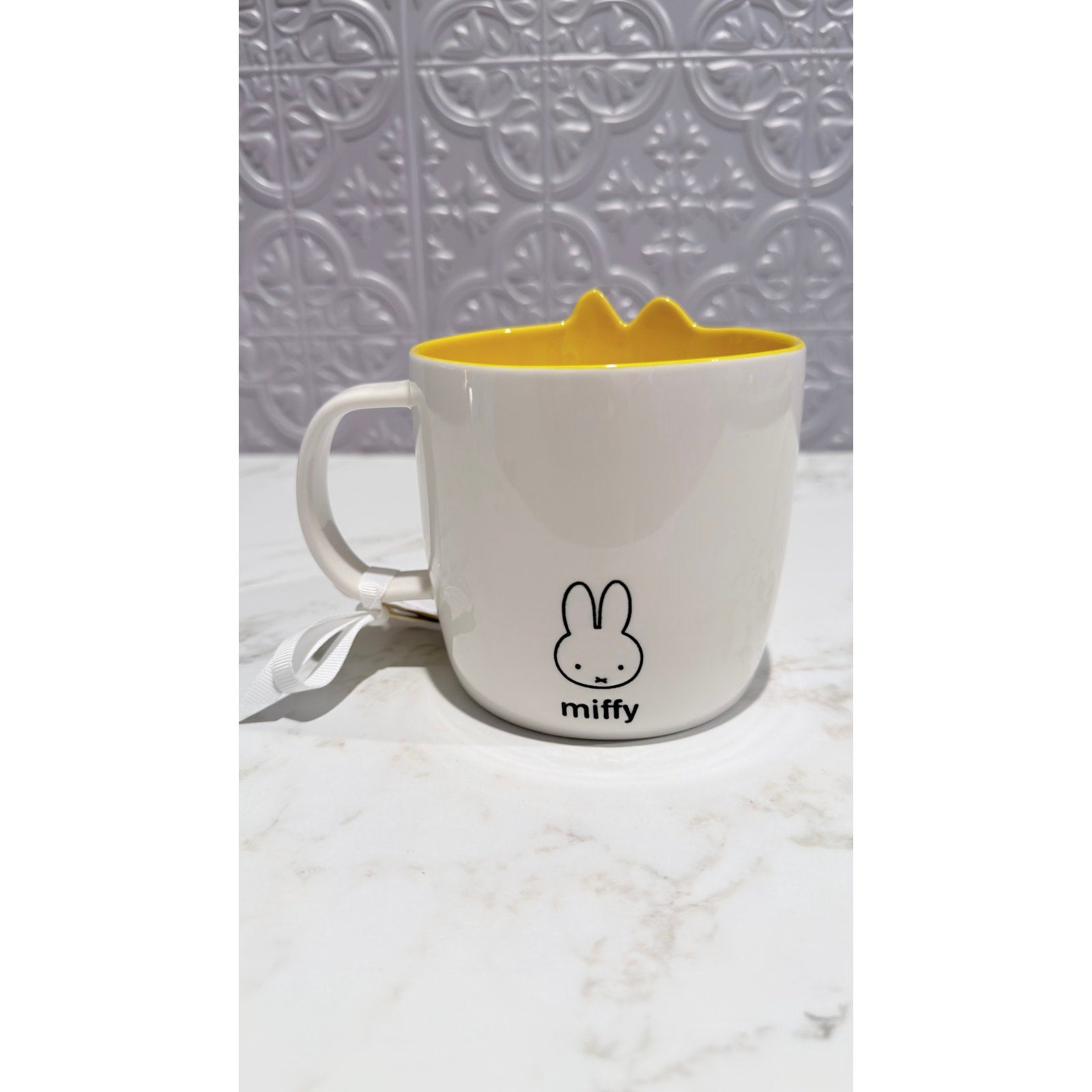 Miffy By Magenta Bunny On Bike Flowers Ceramic Coffee Mug Yellow Interior NWT