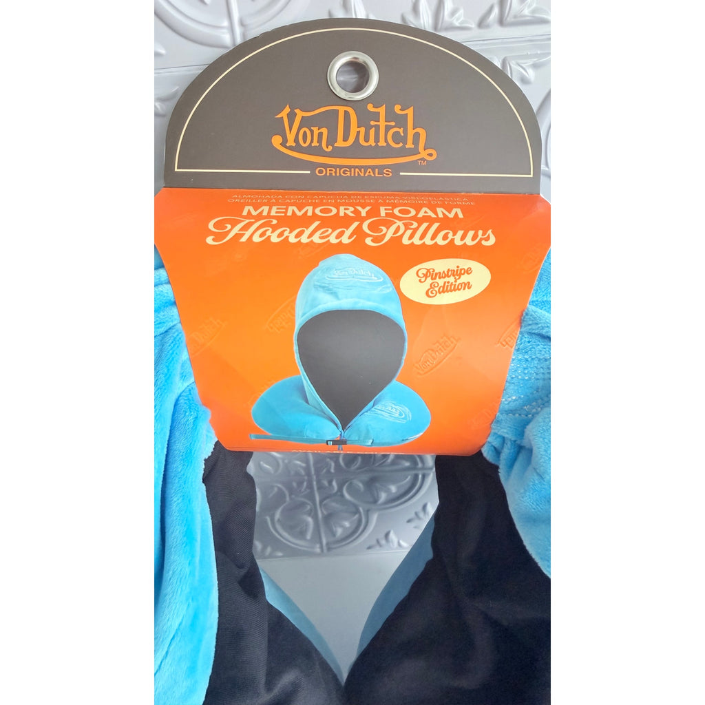 NEW Von Dutch Originals Hooded Memory Foam Travel Neck Pillow - Pinstripe Blue