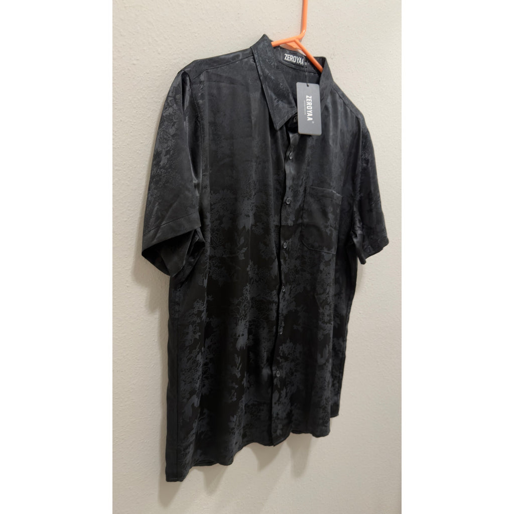 ZEROYAA Men's Luxury Satin Floral Jacquard Short Sleeve Button Down Shirt Medium