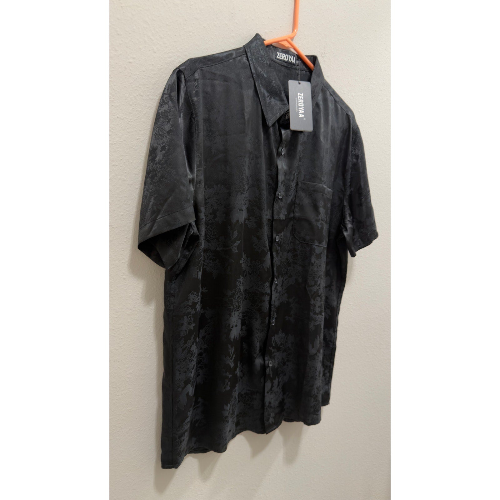 ZEROYAA Men's Luxury Satin Floral Jacquard Short Sleeve Button Down Shirt Medium