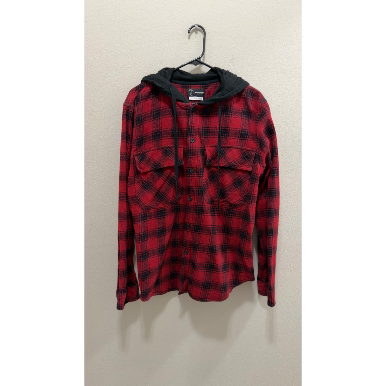 Original Use Mens Red Plaid Hooded Flannel Button Up Large