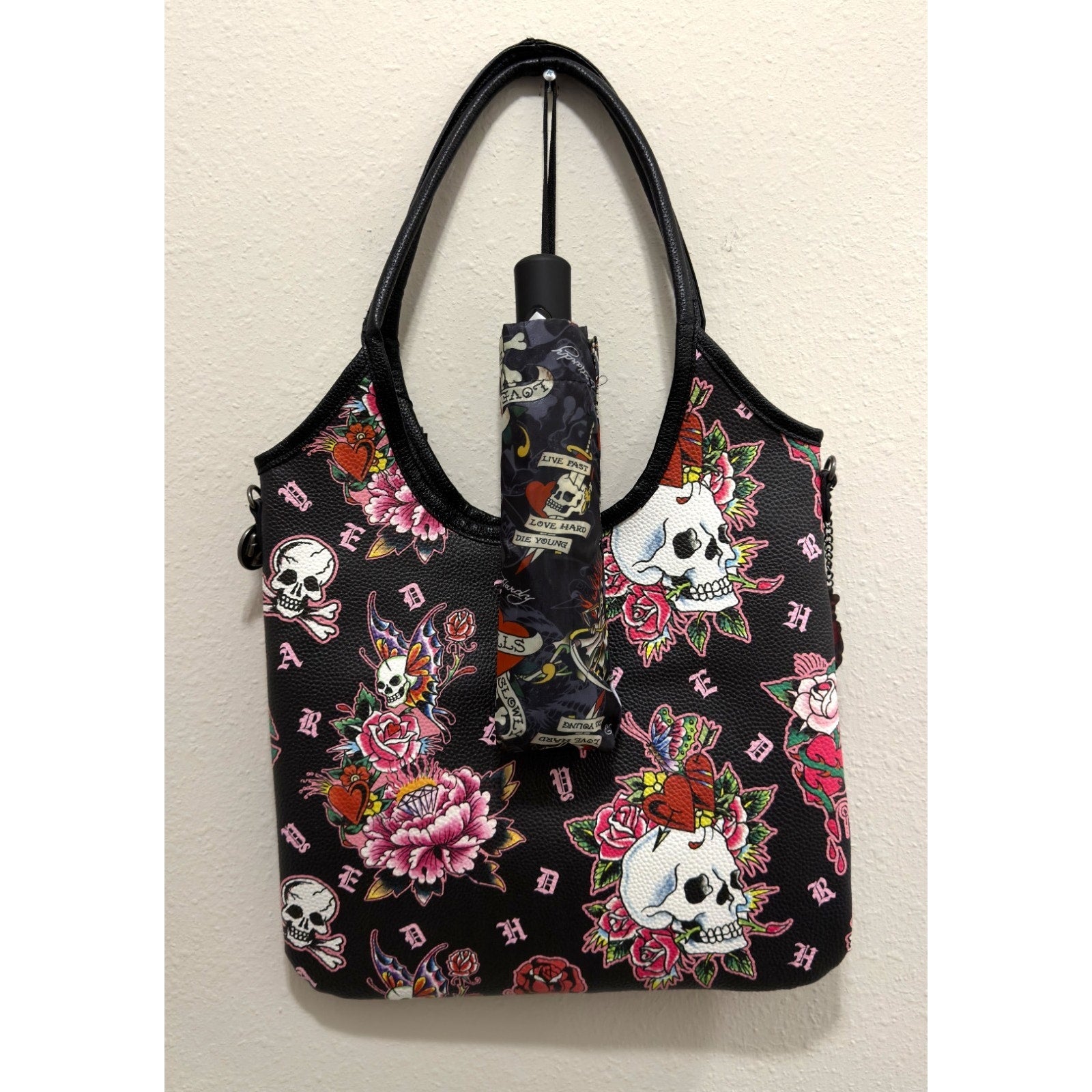 New Ed Hardy Tattoo Print Tote Bag Skull, Tiger & Swallow Graphic Shoulder Bag