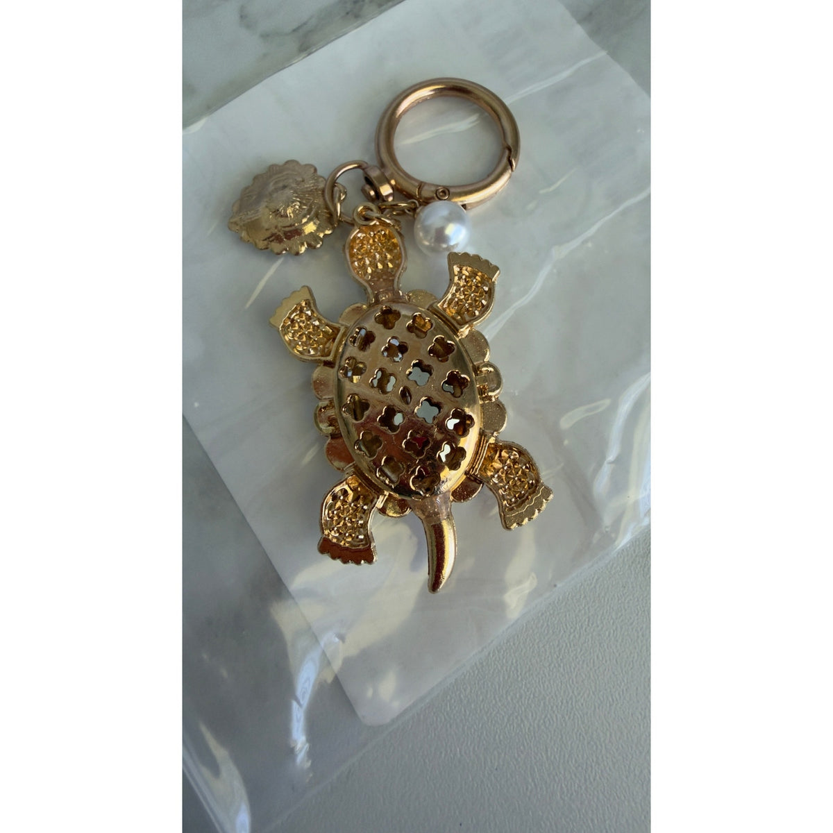 Ocean Style Gold Rhinestone Sea Turtle Keychain Bag Charm Heart & Pearl NEW