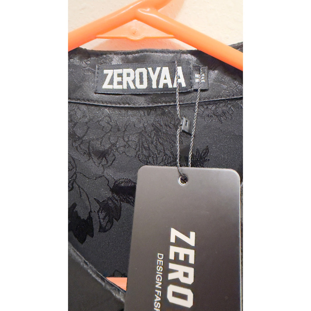 ZEROYAA Men's Luxury Satin Floral Jacquard Short Sleeve Button Down Shirt Medium