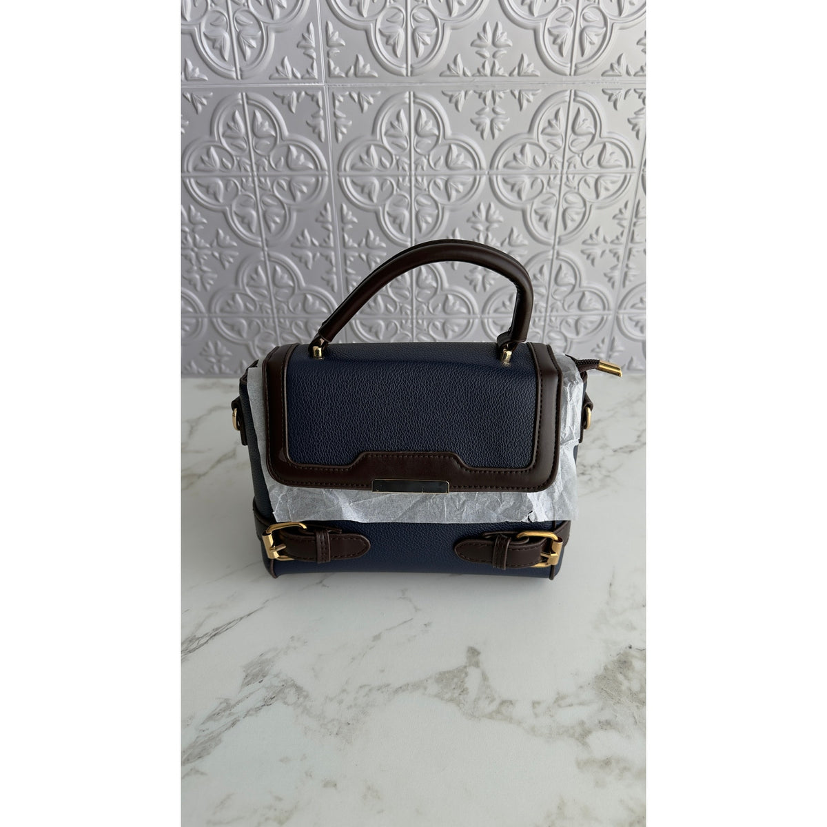 Navy Blue & Brown PU Leather Satchel Crossbody Handbag Top Handle Purse NEW