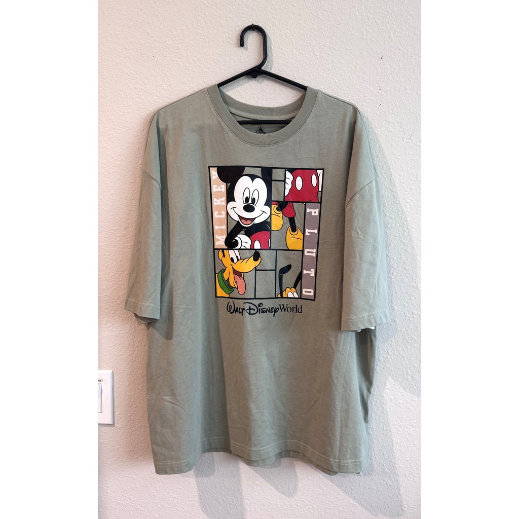 Oversized Disney Mickey & Pluto Grid T-Shirt Large WDW Sage Green Tee NWT