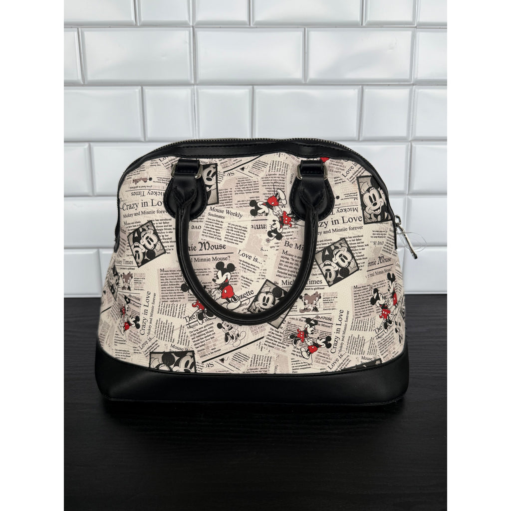 Disney Parks Satchel Bag Intage-Inspired Newsprint Print Mickey Minnie NWT