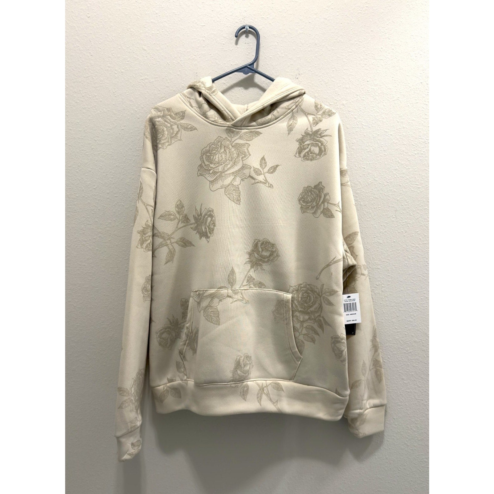 NWT Drill Social Club Rose Print Hoodie Men's Medium Ecru Flocked Fleece